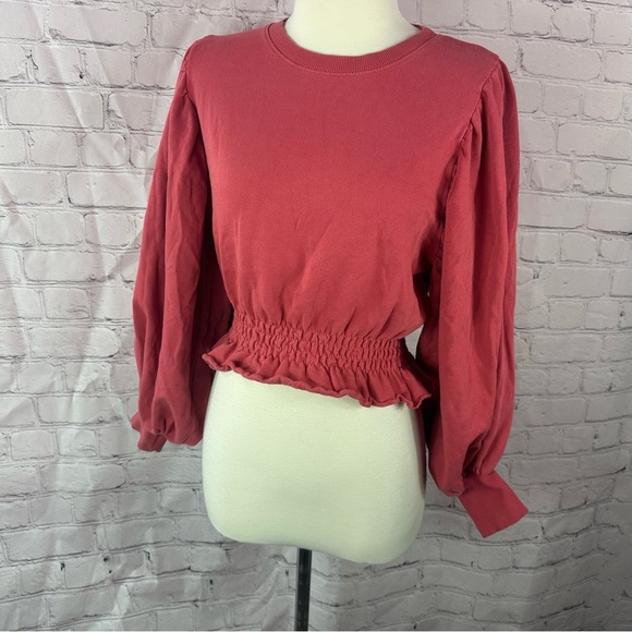 zara distressed raw edge Women's Red Smocked Waist Top sz small - Picture 1 of 6
